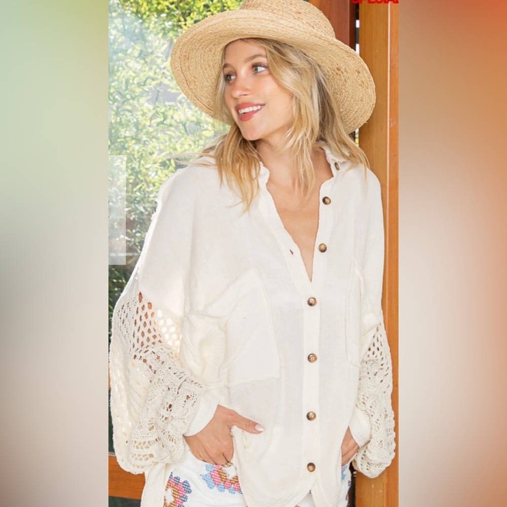 POL Women's Cream Button-Up Top Size Large Oversized